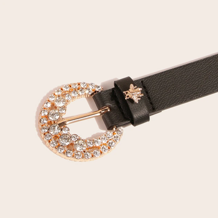 Bee Studded Diamond Belt Girl′s PU Belt Lady′s Black Crystal Buckle Belt Custom Belt