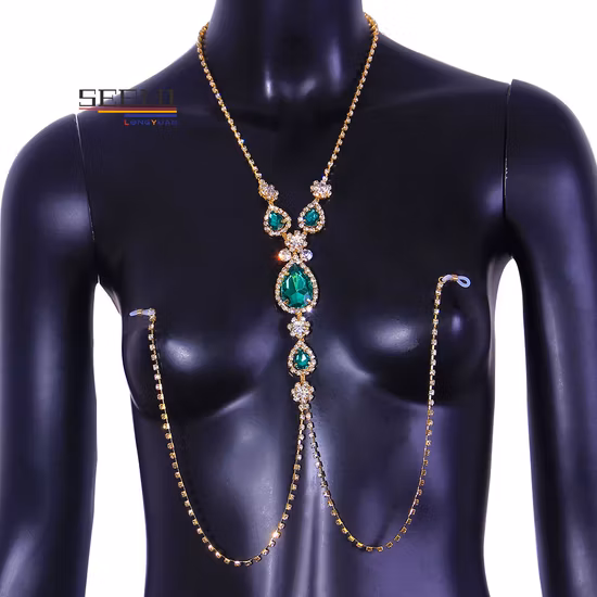 Fashion Sexy Green Diamond Nipples Accessoire Strass Body Chain